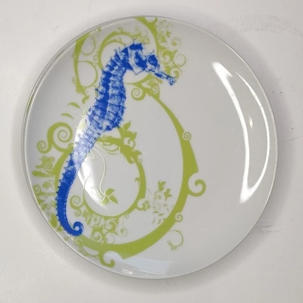 M Studios Seahorse Salad Plates Set Blue Lime‎ Green Coastal Nautical Magenta